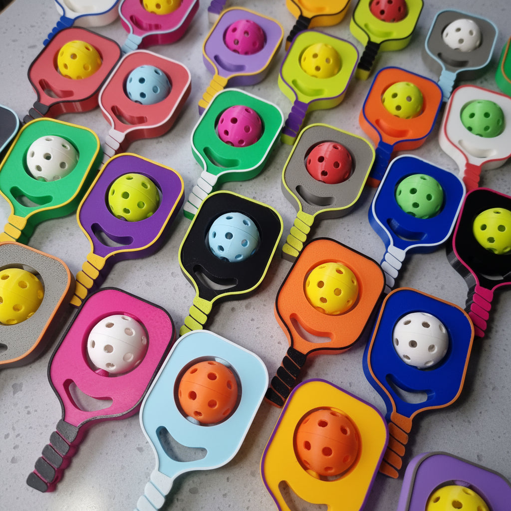 A close-up, top-down view of multiple colorful plastic paddle-shaped items arranged diagonally on a grey caesar stone surface. Each item has a different bright color and a small round ball resting in the center, with some balls showing dotted patterns.