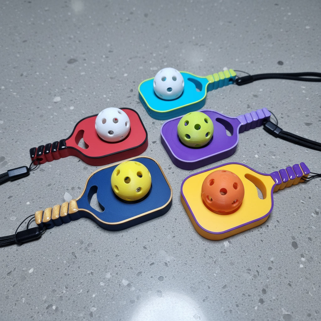 Five colorful pickleball paddles arranged on a grey caesar stone surface, each holding a matching ball. The paddles are turquoise, purple, yellow, red, and blue, with black wrist straps.