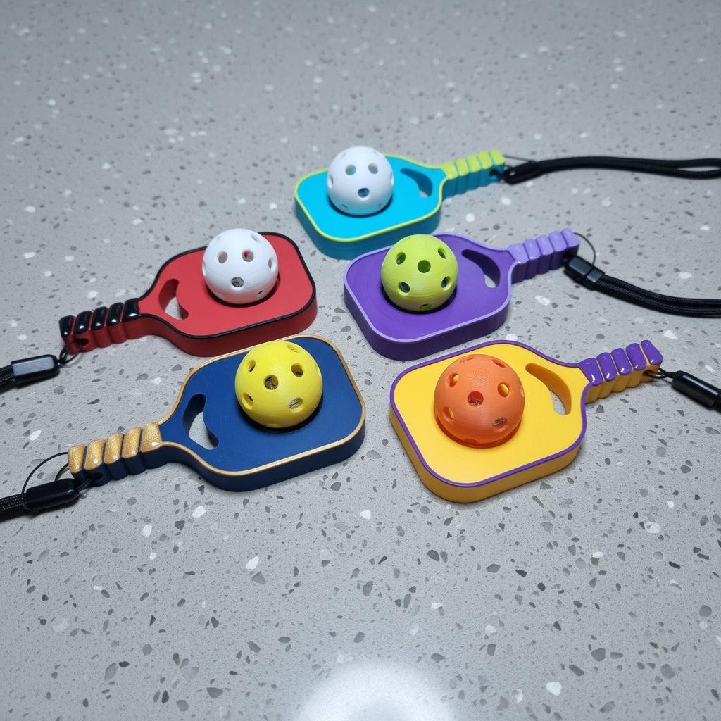 Five colorful paddle-shaped handheld toys, arranged on a grey caesar stone surface. The set includes turquoise, purple, yellow, red, and blue paddles with black cords.