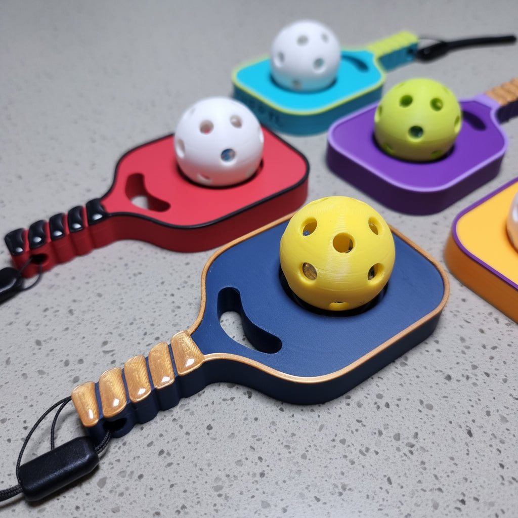 A close-up of colorful pickleball paddle fidget toys on a grey caesar stone. The toys include paddle-shaped handles in blue, red, turquoise, and purple, each attached to a perforated ball in yellow, white, green, and orange.