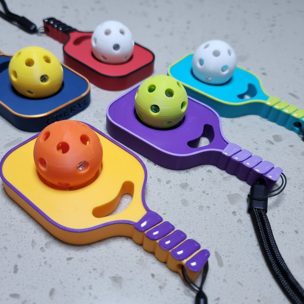 Four pickleball paddle-shaped baby fidget  toys in blue, purple, red, and yellow, each with a matching ball on a grey caesar stone surface.